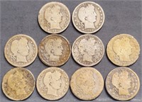 (10) U.S. Barber 25c Silver Quarter Coins