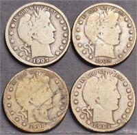 (4) U.S. Barber 50c Silver Half Dollar Coins