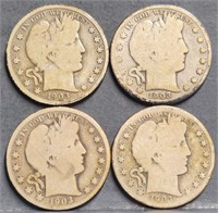 (4) U.S. 1903 Barber 50c Silver Half Dollar Coins
