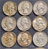 (9) U.S. Washington 25c Silver Quarter Coins