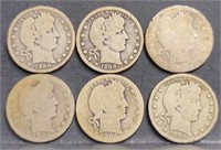 (6) U.S. Barber 25c Silver Quarter Coins