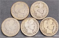 (5) U.S. Barber 25c Silver Quarter Coins