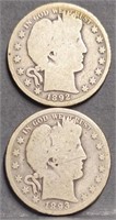 1892 & 1893 Barber 50c Silver Half Dollar Coins