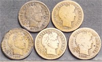 (5) U.S. 1916 Barber 10c Silver Dime Coins