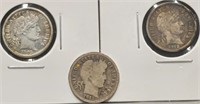(3) U.S. Barber 10c Silver Dime Coins