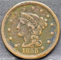 1855 Braided Hair 1c Large Cent Toned