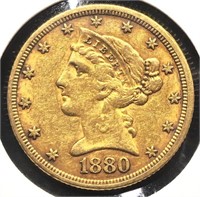 1880 Liberty Head $5 Gold Half Eagle Coin
