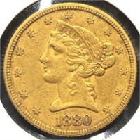 1880 Liberty Head $5 Gold Half Eagle  Coin