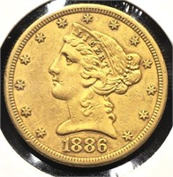 1886 Liberty Head $5 Gold Half Eagle Coin