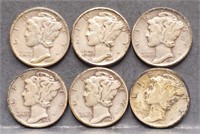 (6) U.S. Mercury 10c Silver Dime Coins