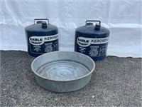 (2) Metal Kerosene 5 gal Cans & Galv. Oil Pan