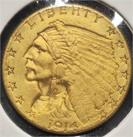 1914 Indian Head $2.5 Gold Quarter Eagle Coin