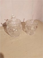 2 Nice Crystal Sugar Dishes W/ Lids and Spoons