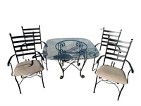 IRON AND GLASS TOP TABLE AND 4 CHAIRS