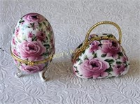 vtg pair of porcelain rose pattern trinket boxes