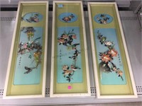 3 marked Asian mixed media art panels. 29x9in