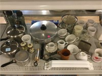 Mirro handled pots, assorted cups and mugs and