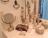 Vanity Mirror, pair of candle holders, storage box