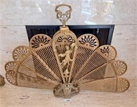 Vintage Brass Fireplace Folding Peacock Fan Screen