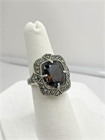 Sterling Silver Smokey Quartz Marcasite Ring