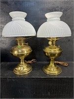 PR OF BRASS CONVERTED OIL LAMPS WITH GLASS SHADES