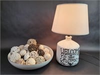 White Lamp and Bowl With Decorative Balls