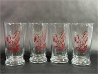 Vintage Four Red Rooster Libbey Glass Cups