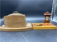 2 WOODEN HUMIDORS AND PIPE HOLDER