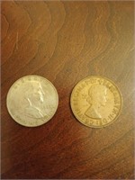 1960 Franklin half dollar, foreign penny