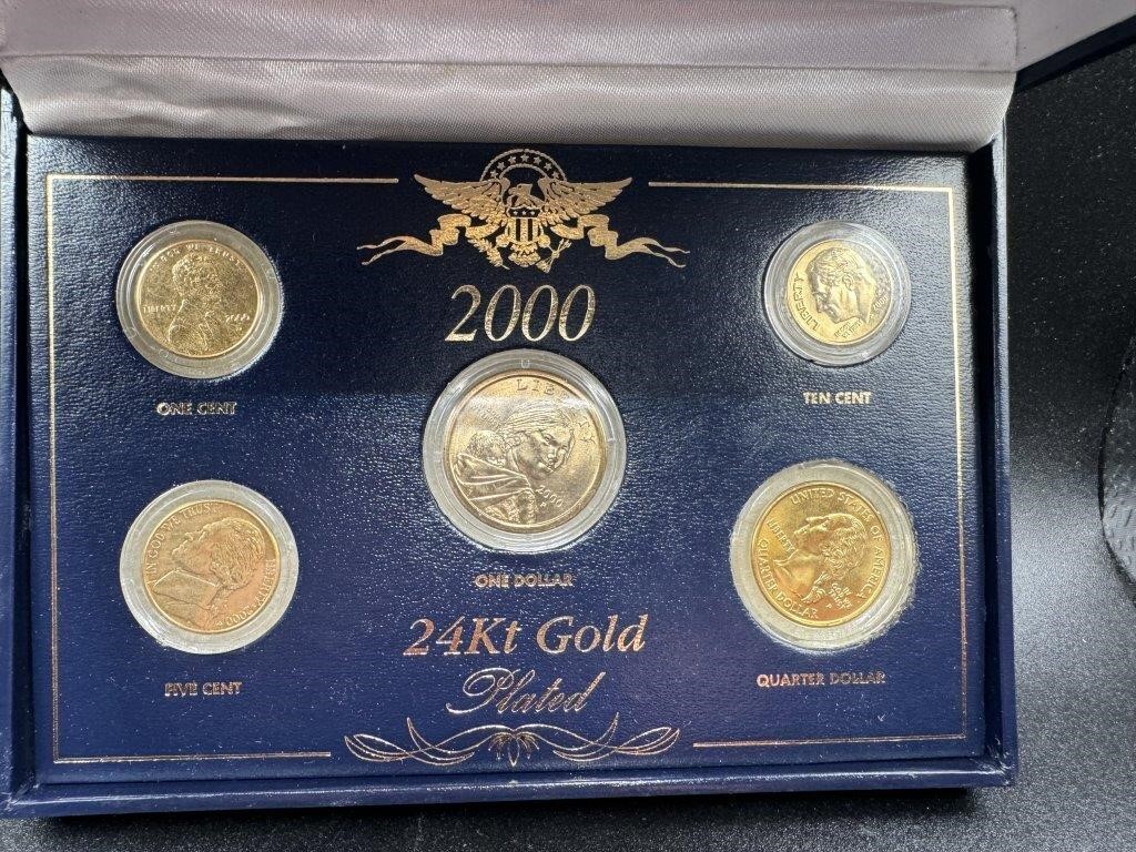 SET OF 5 24K GOLD PLATED COINS IN DISPLAY