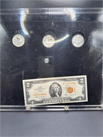 3 KENNEDY HALF DOLLARS & 1963 $2 NOTE