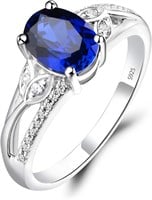 LUO 925 Silver Oval 8X6 MM Sapphire Ring 5.5