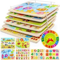 2-4 Age Kids Puzzles with Rack  Clock - 6 Pack