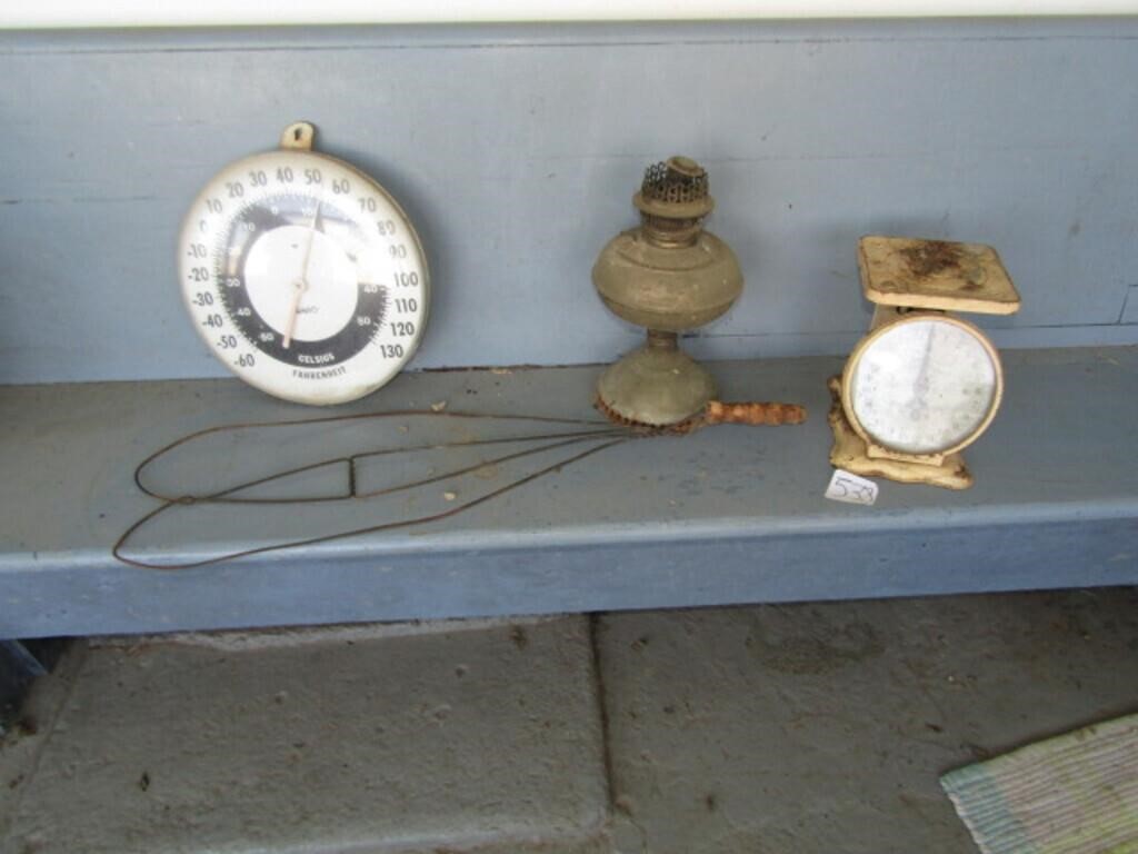 CELSIUS THERMOMETER, OIL LAMP, RUG BEATER,