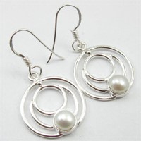 Sterling Silver Pearl Circle Dangle Earrings