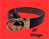 Gucci UNISEX Black Leather Belt Gold Buckle Sz 28