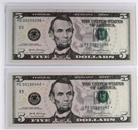 (2) x **STAR NOTES** $5 US FEDERAL RESERVE NOTES