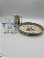 Olympia Beer tin tray and glasses and mug.