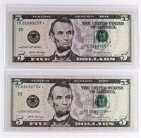 (2) x **STAR NOTES** $5 US FEDERAL RESERVE NOTES