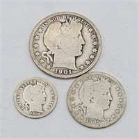 (3) Barber 90% Silver Coins- 1901, 1909, 1906,