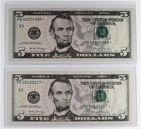 (2) x **STAR NOTES** $5 US FEDERAL RESERVE NOTES