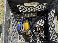 CRATE WITH ASSORTED ADJUSTIBLE WRENCHES AND MORE