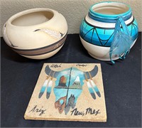 Signed Pottery Vases + Wood Plaque Sand Painting