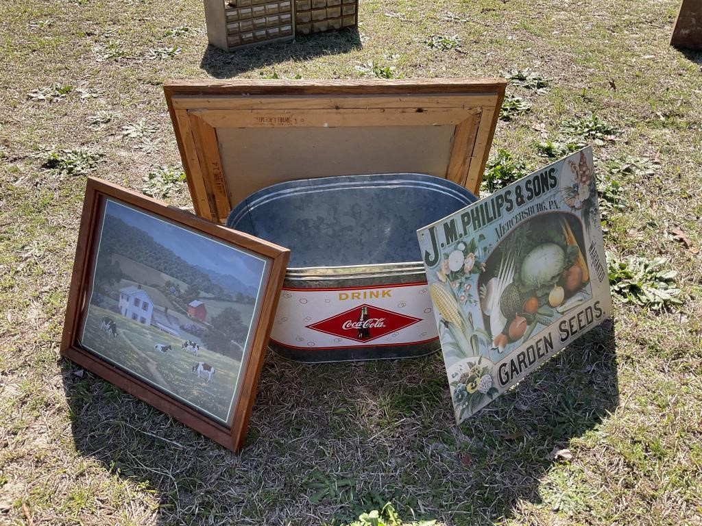 COKE BUCKET, SIGN, FARM PICURE & DEER PAINTING