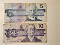 CANADIAN 5&10 DOLLARS,1986&1989(P-95B,P96a)VF.CA2a