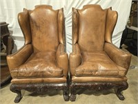 Oversized Carved Wood Leather Wingback Chairs
