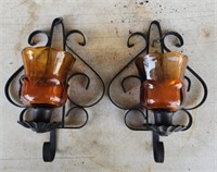 Pair of Metal and glass wall candle holders