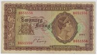 Luxembourg 20 Francs WWII,FANCY SN.est $60.LU5