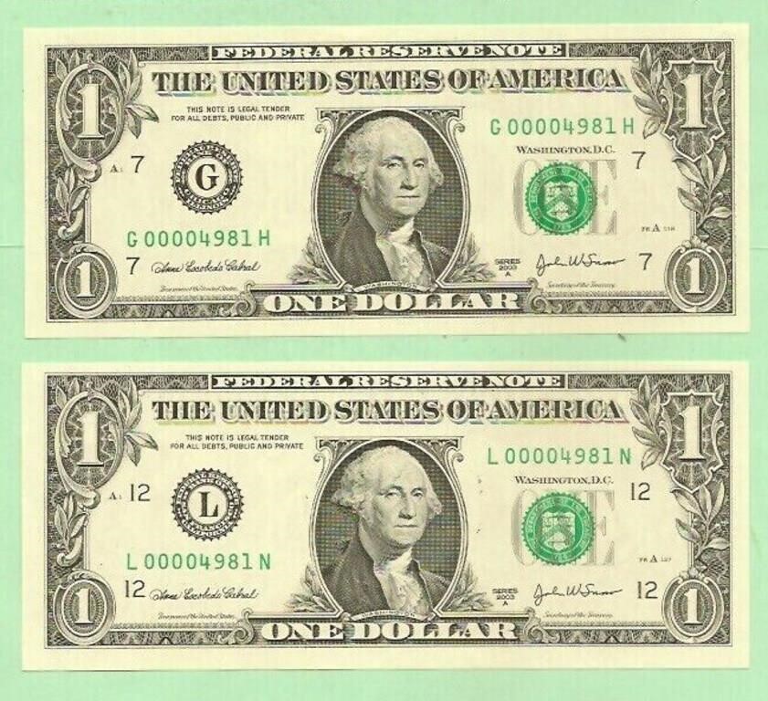 US $1*2 Identical Matching 00004981,Fancy SN .M3Cz