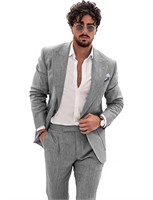 largeWangyue Grey Slim Fit 2 Piece Linen Suits for